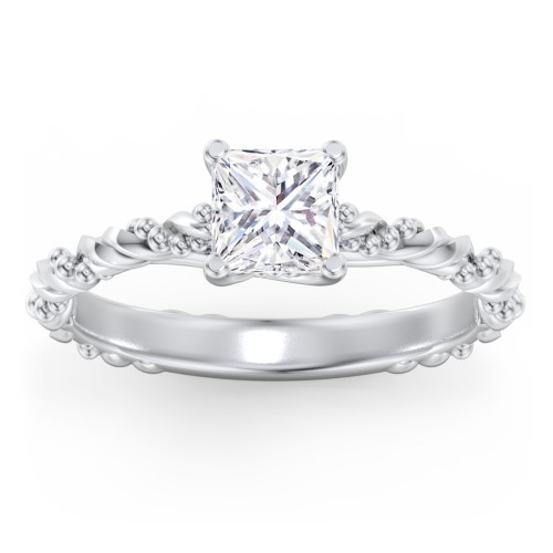 Vintage Solitaire Engagement Ring with Beaded Twisted Rope Band – 14K White Gold