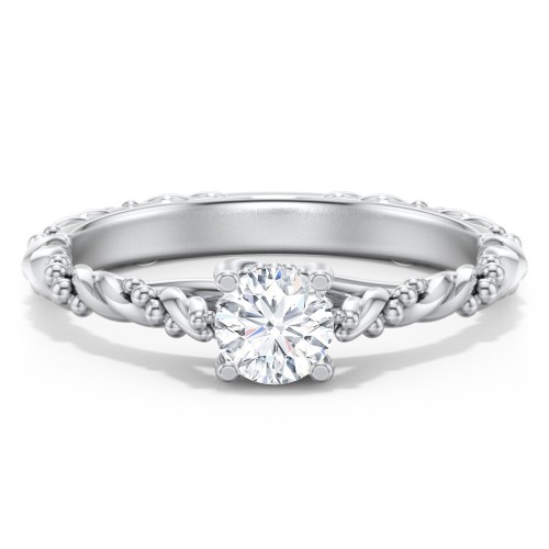 Vintage Solitaire Engagement Ring with Beaded Twisted Rope Band – 14K White Gold