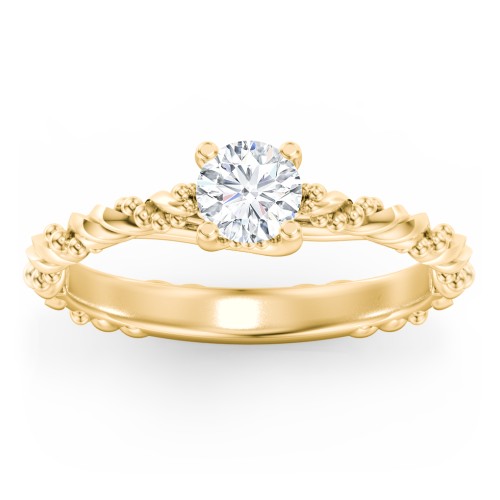 Vintage Solitaire Engagement Ring with Beaded Twisted Rope Band – 9kt Yellow Gold