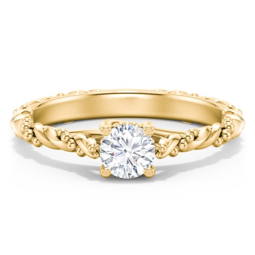 Vintage Solitaire Engagement Ring with Beaded Twisted Rope Band – 9kt Yellow Gold