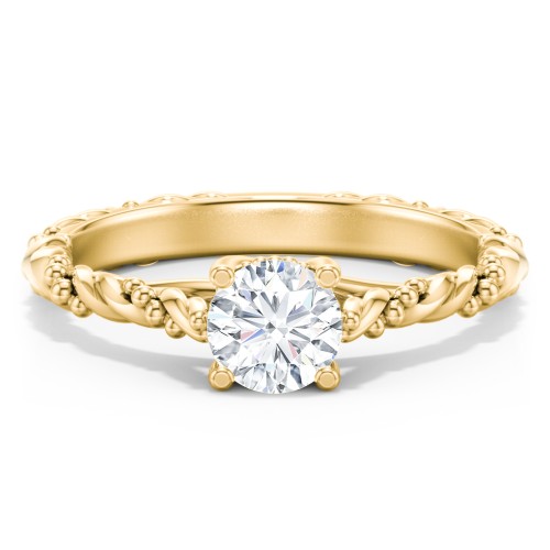 Vintage Solitaire Engagement Ring with Beaded Twisted Rope Band – 9kt Yellow Gold