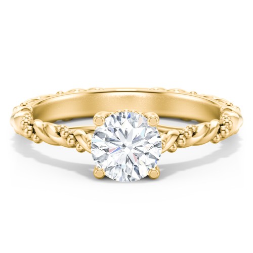 Vintage Solitaire Engagement Ring with Beaded Twisted Rope Band – 9kt Yellow Gold