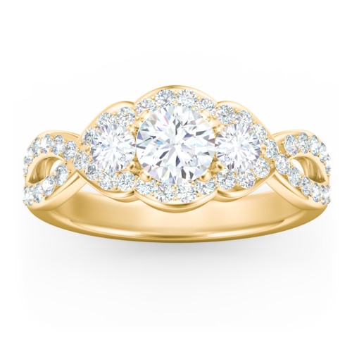Halo 3-Stone Diamond Engagement Ring with Accented Twisted Band