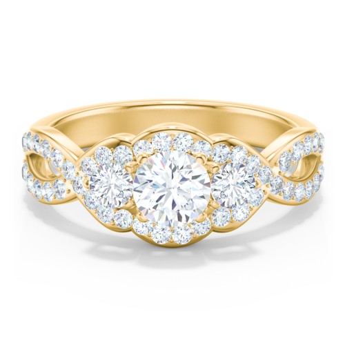 Halo 3-Stone Diamond Engagement Ring with Accented Twisted Band – 9kt Yellow Gold with Lab Diamond