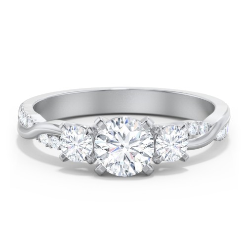 3-Stone Diamond Engagement Ring with Twisted Band and Accents – 14K White Gold with Lab Diamond