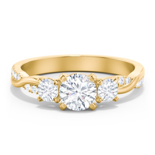 3-Stone Diamond Engagement Ring with Twisted Band and Accents – 9kt Yellow Gold with Lab Diamond