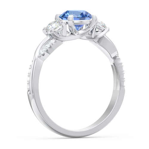 3-Stone Diamond Engagement Ring with Twisted Band and Accents – 14K White Gold with IceBlueSapp-RD-1.00 and Lab Diamond