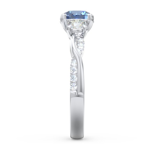 3-Stone Diamond Engagement Ring with Twisted Band and Accents – 14K White Gold with IceBlueSapp-RD-1.00 and Lab Diamond