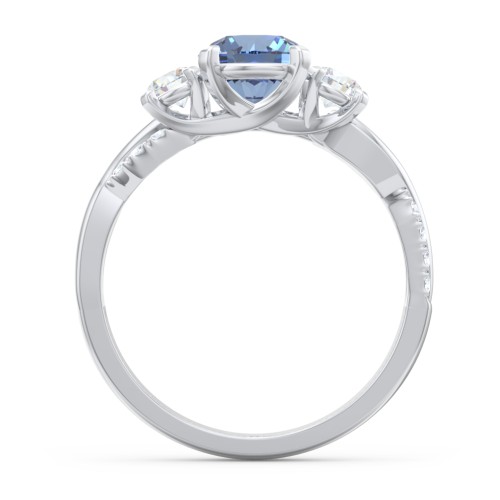 3-Stone Diamond Engagement Ring with Twisted Band and Accents – 14K White Gold with IceBlueSapp-RD-1.00 and Lab Diamond