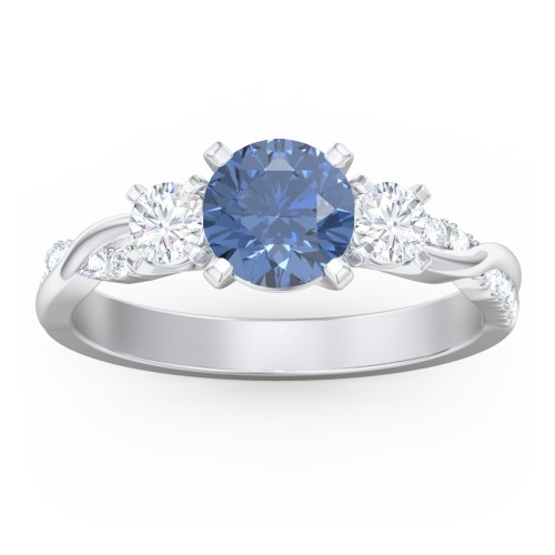 3-Stone Diamond Engagement Ring with Twisted Band and Accents – 14K White Gold with IceBlueSapp-RD-1.00 and Lab Diamond