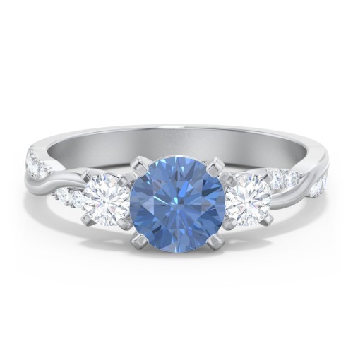 3-Stone Diamond Engagement Ring with Twisted Band and Accents – 14K White Gold with IceBlueSapp-RD-1.00 and Lab Diamond