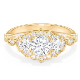 Vintage 3 Stone Engagement Ring with Accents in 9K Solid Yellow Gold