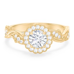 Leaf & Vine Halo Solitaire Engagement Ring in 9K Solid Yellow Gold