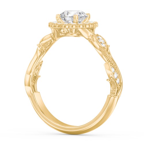 Leaf & Vine Halo Solitaire Engagement Ring – 9kt Yellow Gold with Diamond