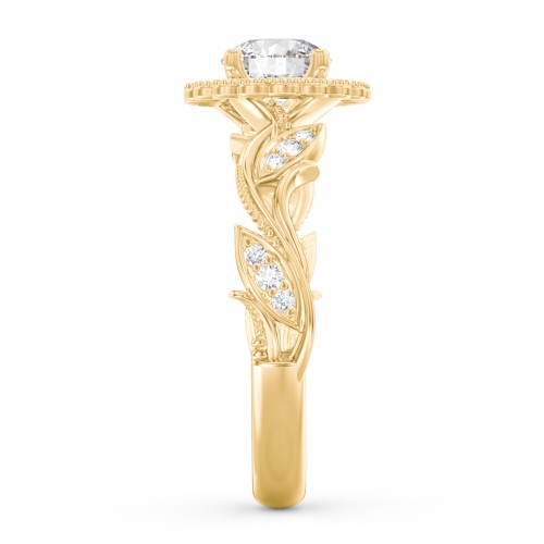 Leaf & Vine Halo Solitaire Engagement Ring – 9kt Yellow Gold with Diamond