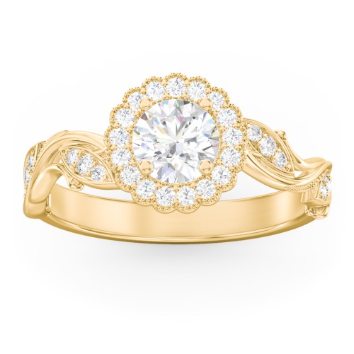 Leaf & Vine Halo Solitaire Engagement Ring – 9kt Yellow Gold with Diamond