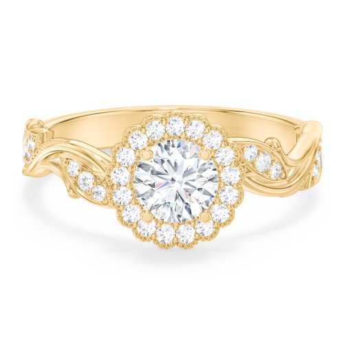 Leaf & Vine Halo Solitaire Engagement Ring – 9kt Yellow Gold with Diamond