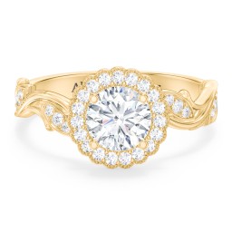Leaf & Vine Halo Solitaire Engagement Ring in 9K Solid Yellow Gold with 04DIAM-RD-1.00-I1-G-VG and Diamond