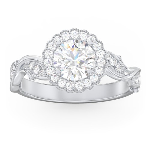 Leaf & Vine Halo Solitaire Engagement Ring – 14K White Gold with Diamond