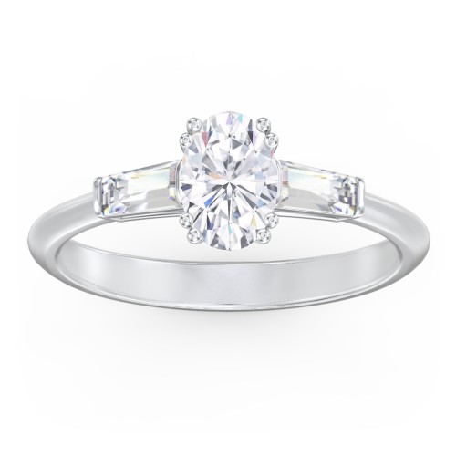 3 Stone Engagement Ring with Tapered Baguettes – 14K White Gold with Diamond