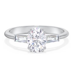 3 Stone Engagement Ring with Tapered Baguettes – 14K White Gold with Diamond