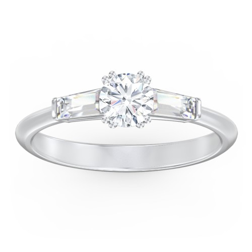3 Stone Engagement Ring with Tapered Baguettes – 14K White Gold with Diamond