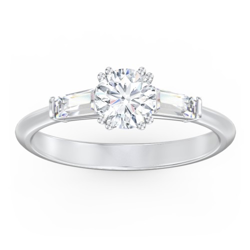 3 Stone Engagement Ring with Tapered Baguettes – 14K White Gold with Diamond