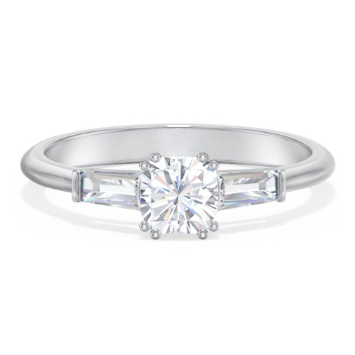 3 Stone Engagement Ring with Tapered Baguettes – 14K White Gold with Diamond