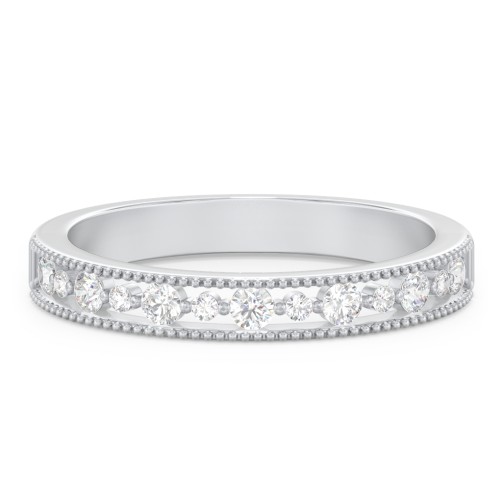 Milgrain Half Eternity Wedding Band with Diamond Accents – 14K White Gold with Lab Diamond