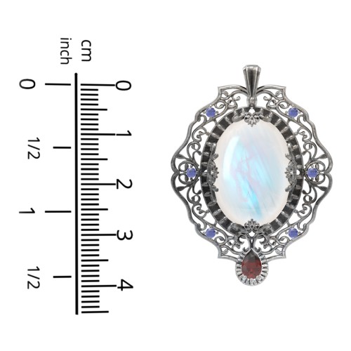 Murdoch Mysteries - Oval Cabochon Pendant – Sterling Silver with Orange Moonstone, Garnet, and Mint Premium Zirconia