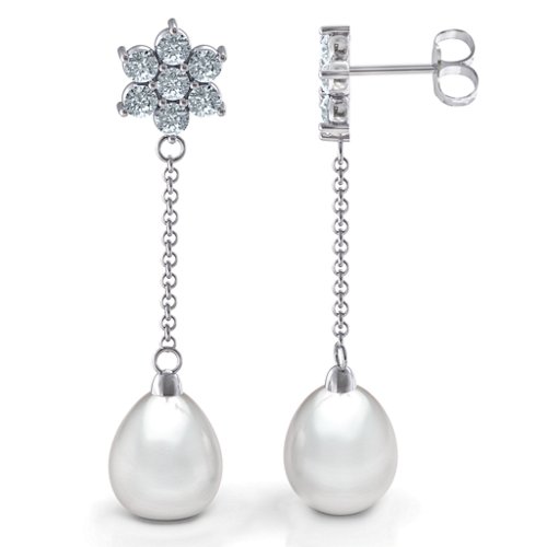 Freshwater Pearl Drop Earrings with Floral Detail – Sterling Silver with Diamond