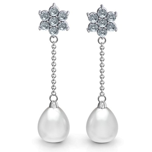 Freshwater Pearl Drop Earrings with Floral Detail – Sterling Silver with Diamond