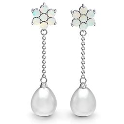 Freshwater Pearl Drop Earrings with Floral Detail in 925 Sterling Silver with Opal