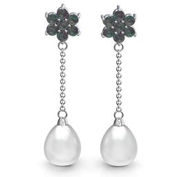 Freshwater Pearl Drop Earrings with Floral Detail in 925 Sterling Silver with Alexandrite