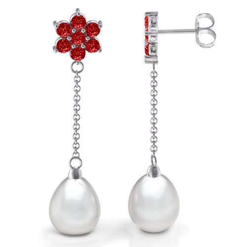 Freshwater Pearl Drop Earrings with Floral Detail – Sterling Silver with Garnet
