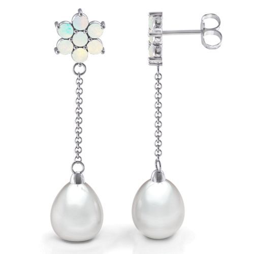 Freshwater Pearl Drop Earrings with Floral Detail – Sterling Silver with Opal