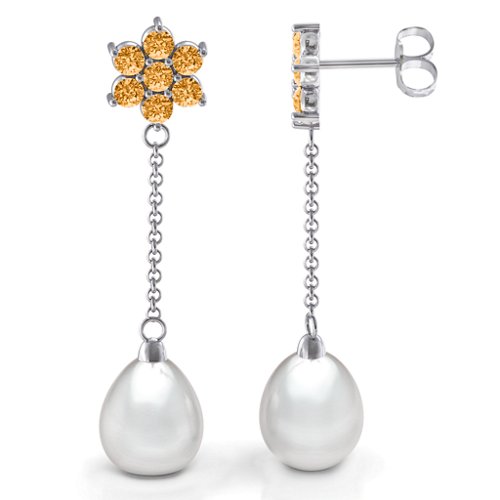 Freshwater Pearl Drop Earrings with Floral Detail – Sterling Silver with Citrine