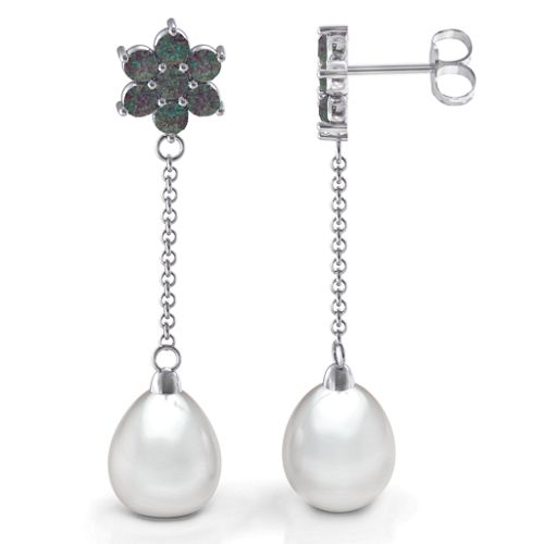 Freshwater Pearl Drop Earrings with Floral Detail – Sterling Silver with Alexandrite