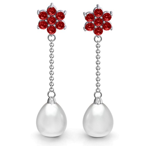 Freshwater Pearl Drop Earrings with Floral Detail – Sterling Silver with Garnet