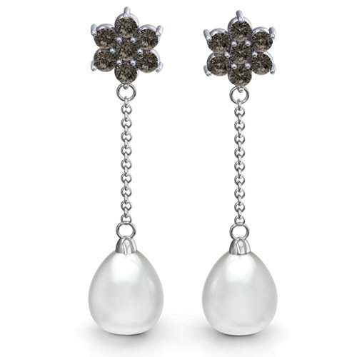 Freshwater Pearl Drop Earrings with Floral Detail – Sterling Silver with Smokey Quartz
