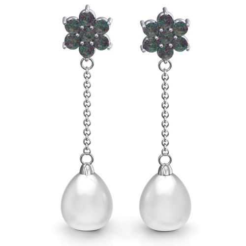 Freshwater Pearl Drop Earrings with Floral Detail – Sterling Silver with Alexandrite