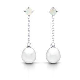 Elegant Solitaire Stud Freshwater Pearl Drop Earrings in 925 Sterling Silver with Opal