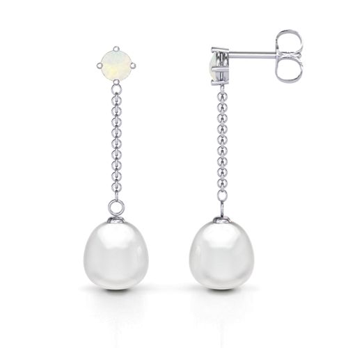 Elegant Solitaire Stud Freshwater Pearl Drop Earrings – Sterling Silver with Opal