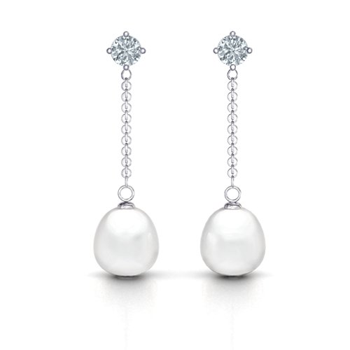 Elegant Solitaire Stud Freshwater Pearl Drop Earrings – Sterling Silver with Diamond