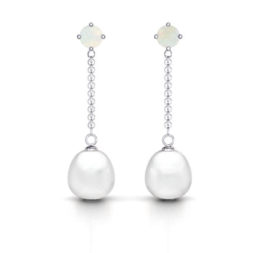 Elegant Solitaire Stud Freshwater Pearl Drop Earrings – Sterling Silver with Opal