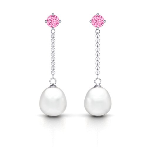 Elegant Solitaire Stud Freshwater Pearl Drop Earrings – Sterling Silver with Pink Tourmaline