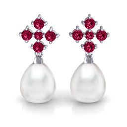Freshwater Pearl Drop Earrings with Accents in 925 Sterling Silver with Ruby