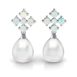 Freshwater Pearl Drop Earrings with Accents in 925 Sterling Silver with Opal
