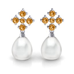 Freshwater Pearl Drop Earrings with Accents in 925 Sterling Silver with Citrine