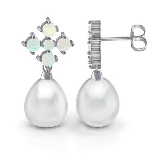 Freshwater Pearl Drop Earrings with Accents – Sterling Silver with Opal